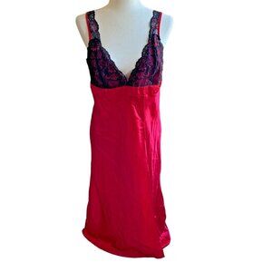 Vintage Inner Most 80s Nightgown Sears Satin Lace Red Black Long Slit Skirt Sz L